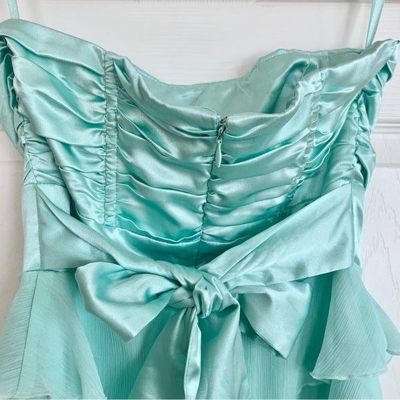 Mint Green Satin Layered Ruffle Chiffon Strapless Party Mini Dress - Picture 6 of 14